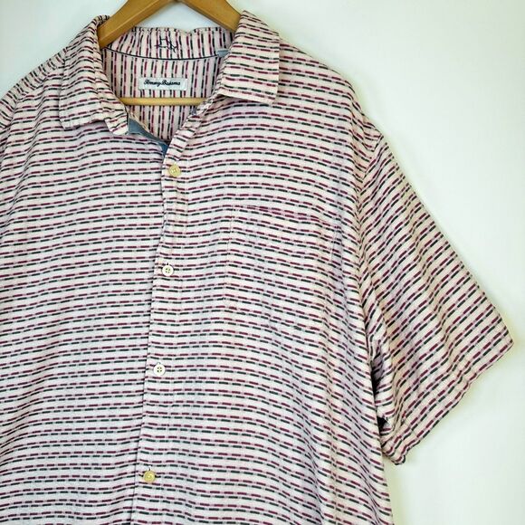 Tommy Bahama XXL Silk Shirt Pink Gray Striped Short Sleeve Button Front Resort - Picture 3 of 14